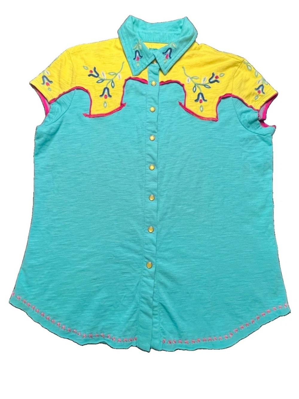Double D Ranch Turquoise and Pink Pearl Snap Top, L